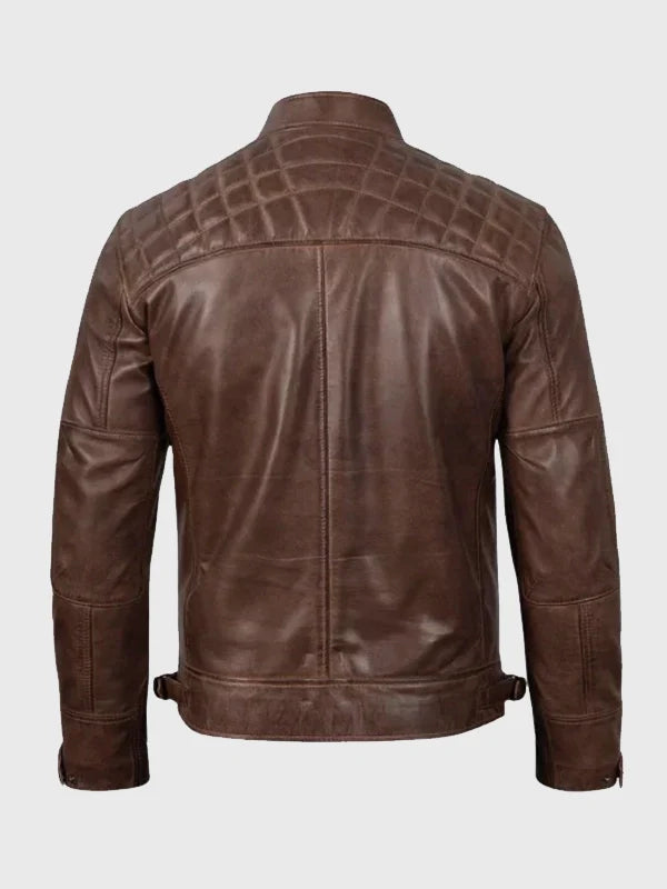 Mens Quilted Shoulder CoffeeBrown Biker Leather Jacket.