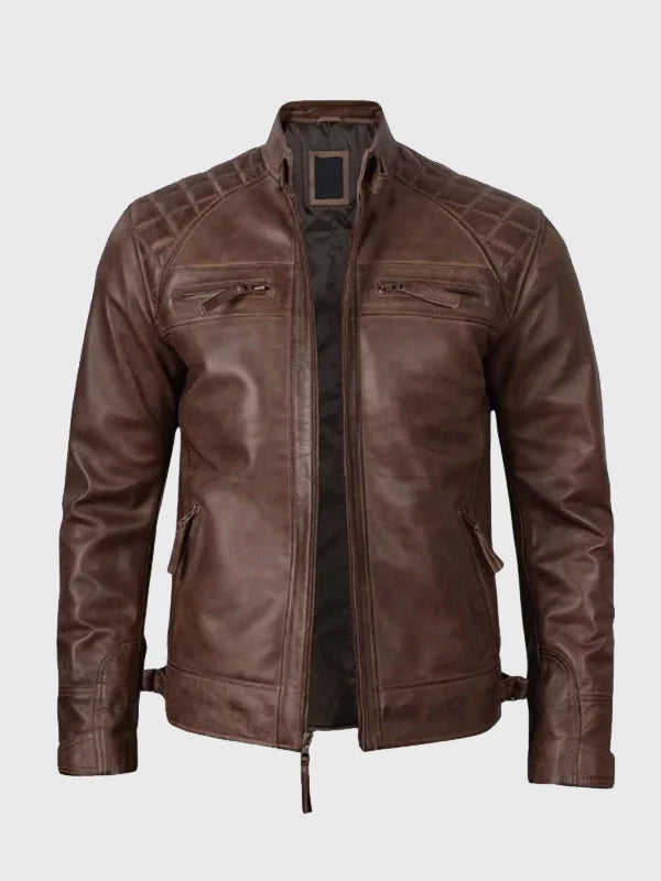 Mens Quilted Shoulder CoffeeBrown Biker Leather Jacket