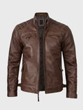 Mens Quilted Shoulder CoffeeBrown Biker Leather Jacket