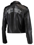 biker ny yankees black leather jacket.