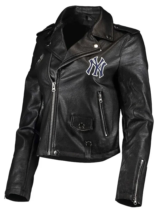biker ny yankees black leather jacket