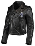 biker ny yankees black leather jacket