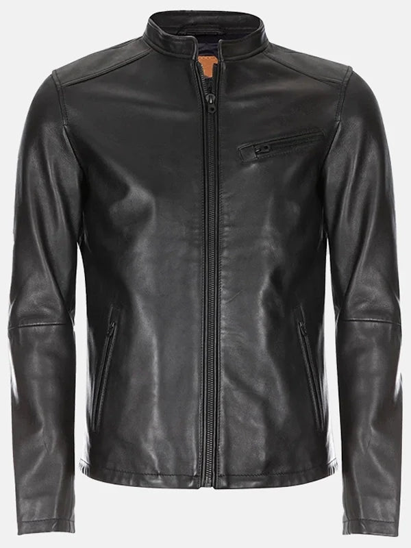 burton mandarin collar black leather jacket