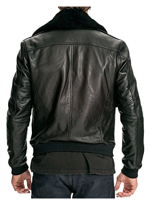 mens air force leather bomber jacket fur collar black.