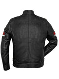 mens black leather red and white striped cafe racer jacket.