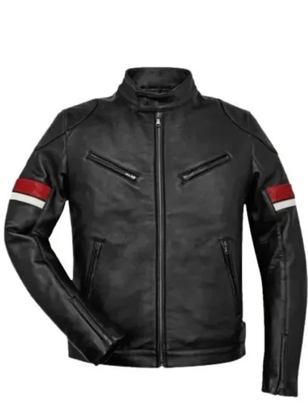mens black leather red and white striped cafe racer jacket