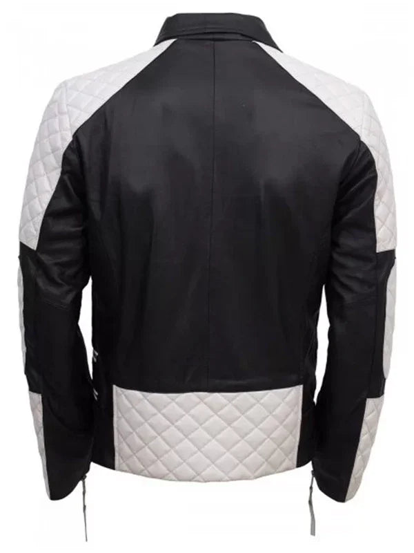 mens black white biker leather jacket.