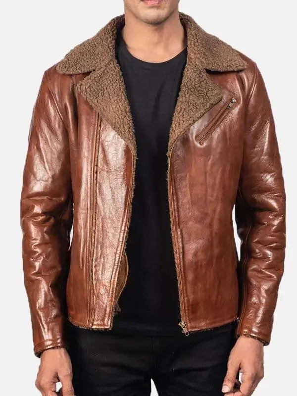 mens brown sheepskin leather shearling jacket