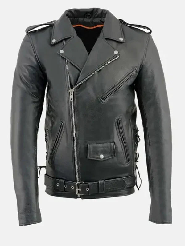 mens classic police style biker leather jacket
