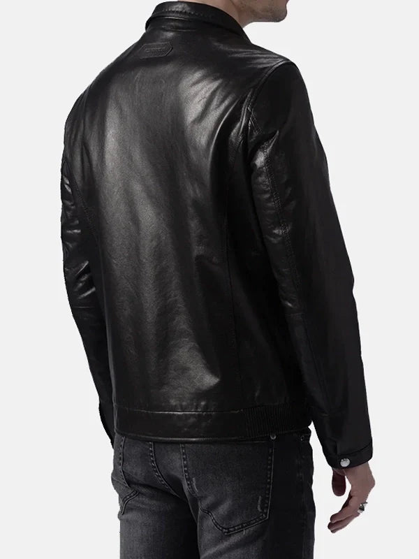 mens turn down collar black leather jacket.