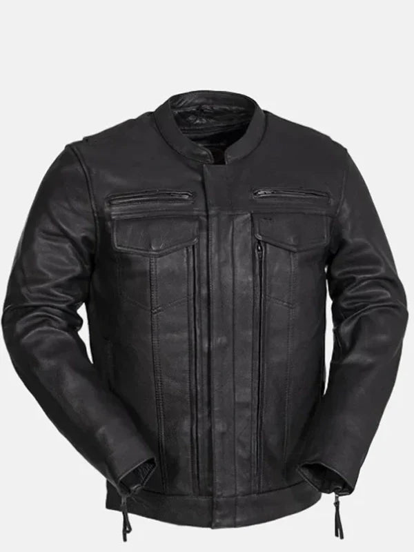 mens utility style black leather biker jacket