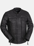mens utility style black leather biker jacket