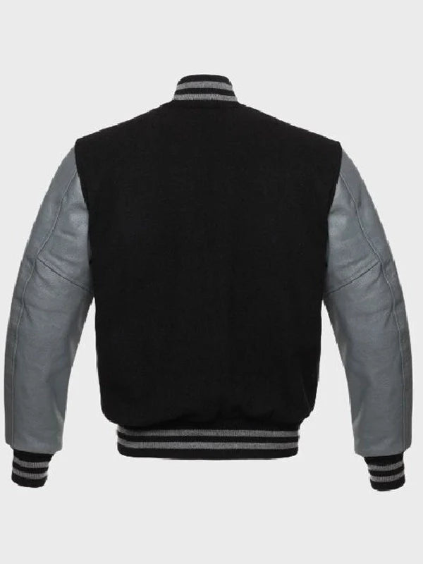 mens varsity jacket with leater sleeves.
