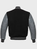 mens varsity jacket with leater sleeves.