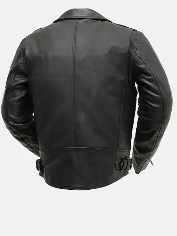 mens zippered chest pocket black biker leather jacket.