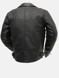 mens zippered chest pocket black biker leather jacket.