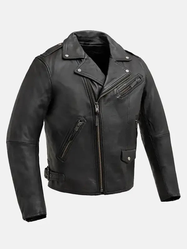 mens zippered chest pocket black biker leather jacket