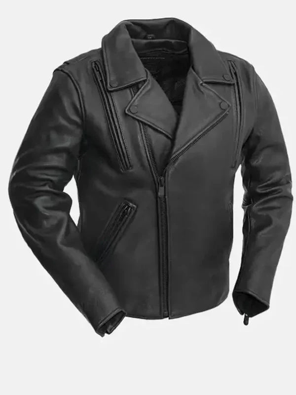 mens zippered slash pockets biker leather jacket