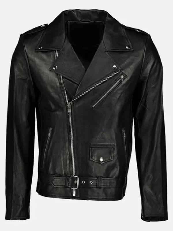 morris asymmetrical collar black leather moto jacket