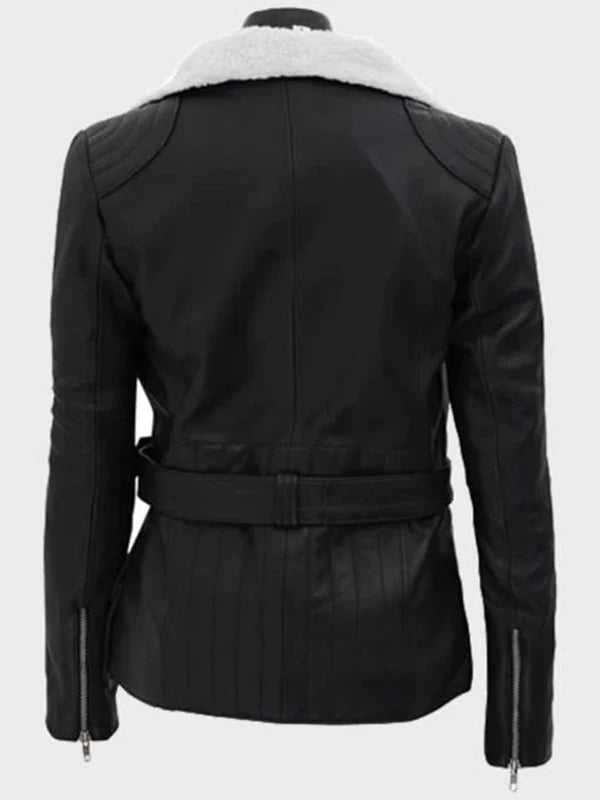 natalie shearling leather black belted biker jacket.