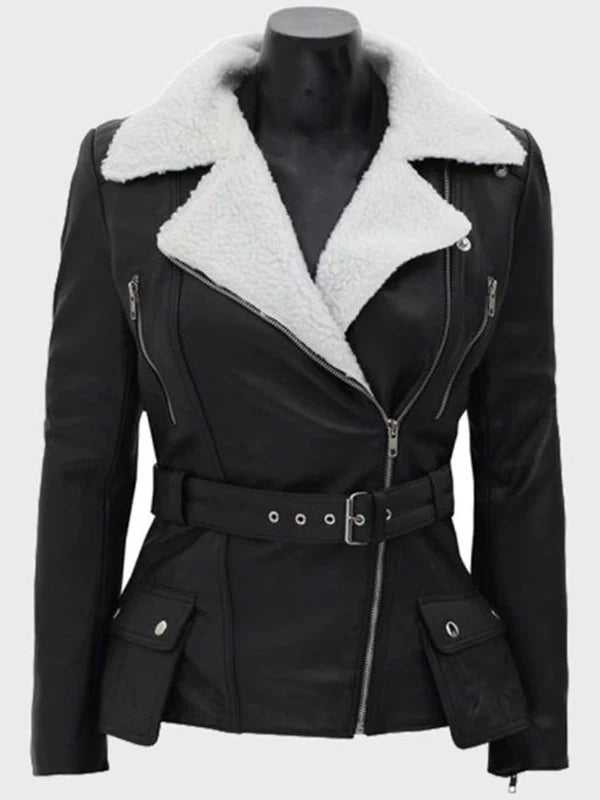 natalie shearling leather black belted biker jacket
