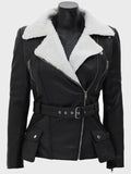 natalie shearling leather black belted biker jacket