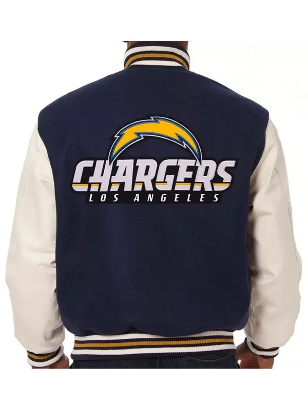 varsity la chargers navy and white wool leather jacket.