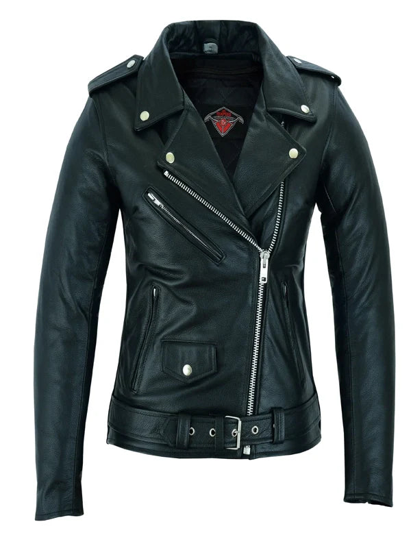 women brando style leather motor cycle jacket black