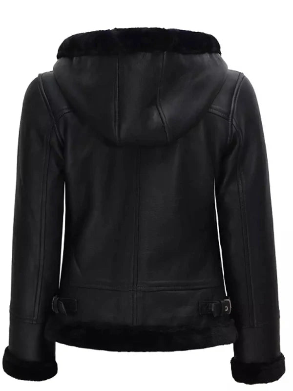 womens black leather hooded shearling jacket.