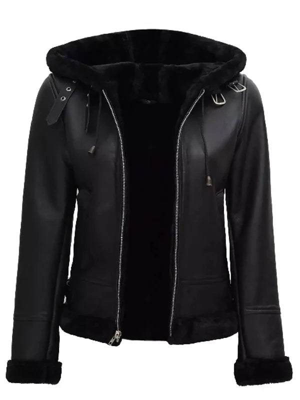 womens black leather hooded shearling jacket