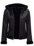 womens black leather hooded shearling jacket