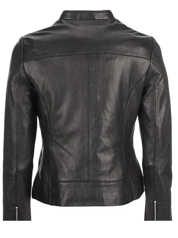 womens zipper pockets black leather jacket.