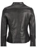 womens zipper pockets black leather jacket.