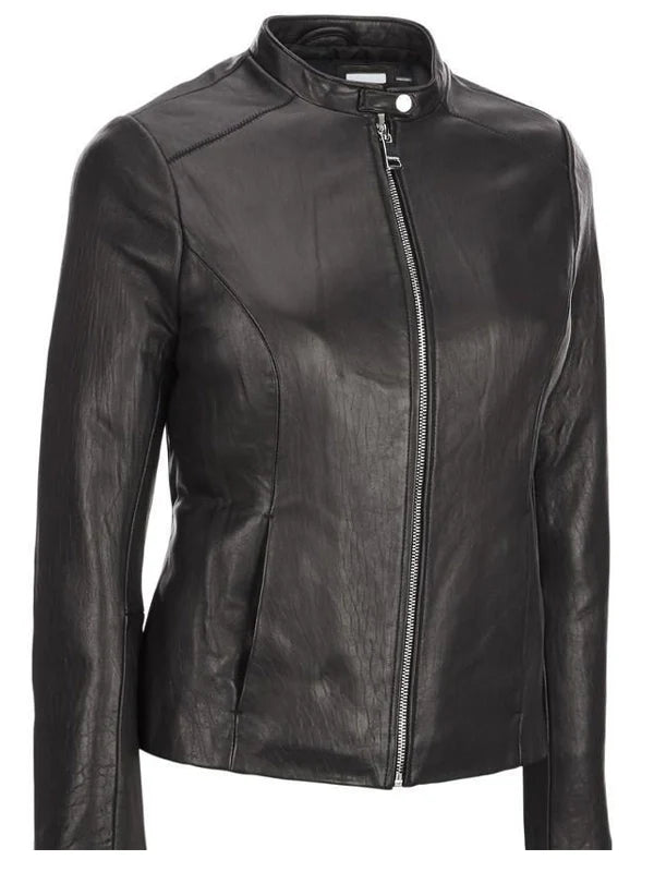 womens zipper pockets black leather jacket