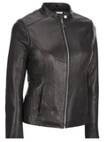 womens zipper pockets black leather jacket