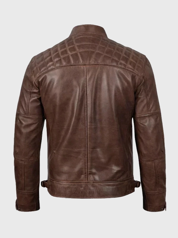Mens Quilted Shoulder Coffee Brown Biker Leather Jacket