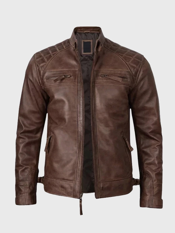 Mens Quilted Shoulder Coffee Brown Biker Leather Jacket