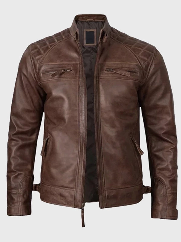 Mens Quilted Shoulder Coffee Brown Biker Leather Jacket