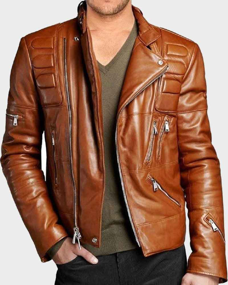 Mens Brown Padded Motorcycle Leather Jacket
