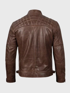 Mens Quilted Shoulder CoffeeBrown Biker Leather Jacket.