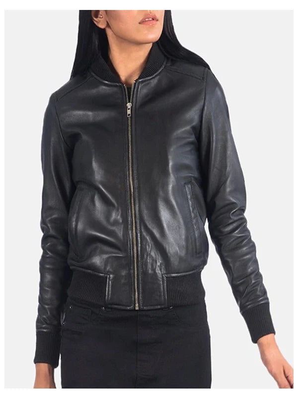 Women’s Fancy Leather Black Bomber Jacket...
