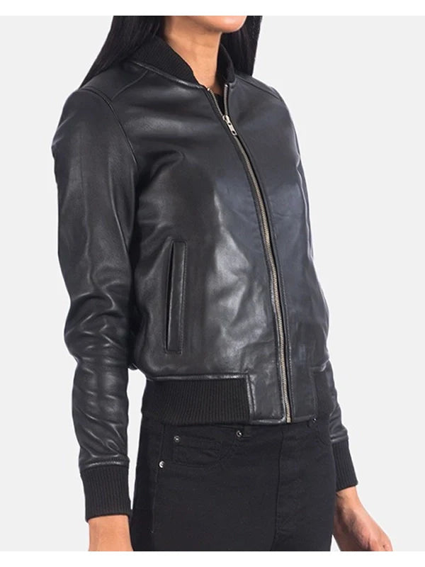 Women’s Fancy Leather Black Bomber Jacket..
