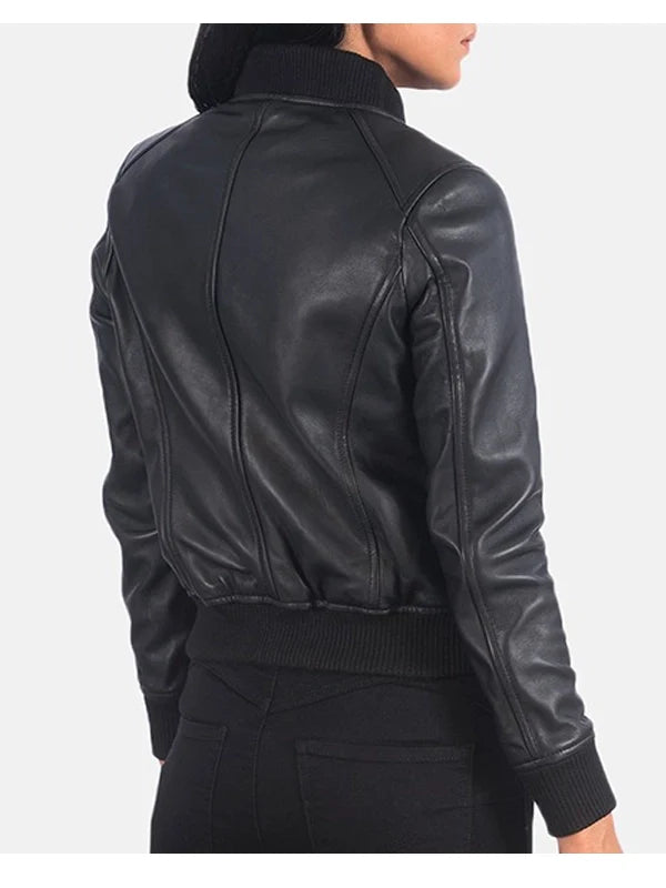 Women’s Fancy Leather Black Bomber Jacket.