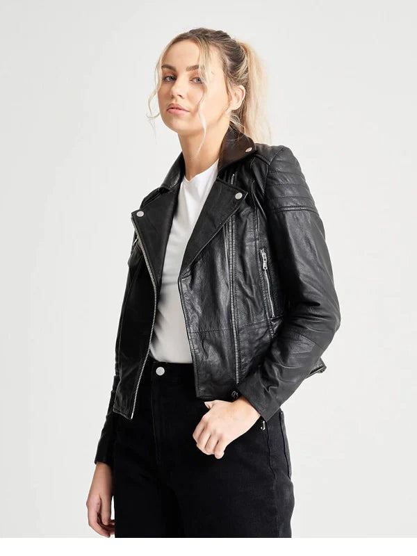 Women’s Zip Up Moto Biker Leather Jacket.