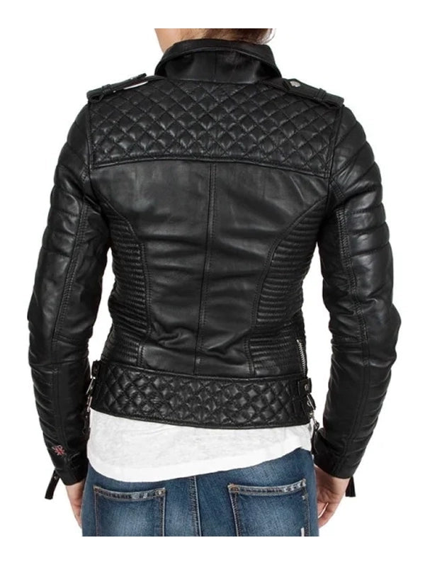 Womens Boda Style Quilted Leather Biker Jacket Black