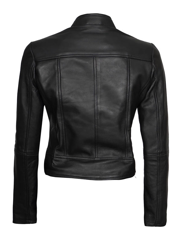 Womens Cafe Racer Leather Motorcycle Jacket Black