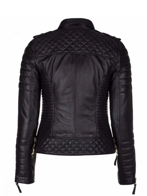 Womens Slim Fit Leather Motorcycle Jacket Black Studded