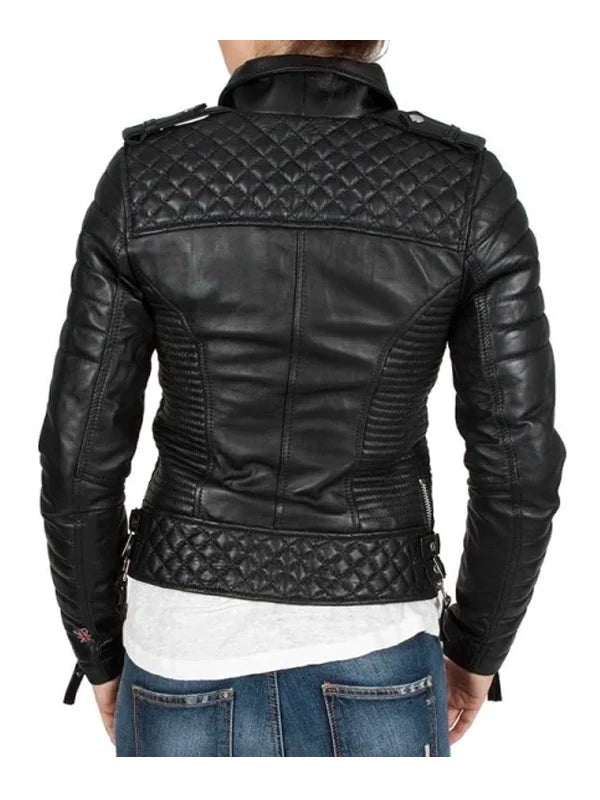 Womens Boda Style Quilted Leather Biker Jacket Black.