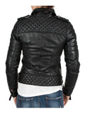 Womens Boda Style Quilted Leather Biker Jacket Black.