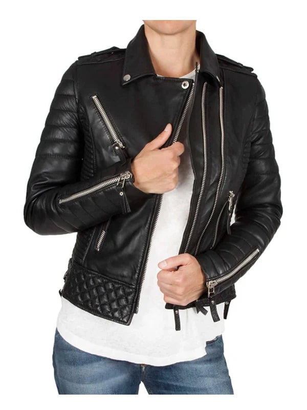 Womens Boda Style Quilted Leather Biker Jacket Black
